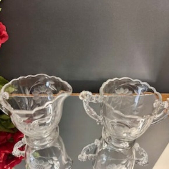 Etched Floral Crystal Cream and Sugar Set Clear Glass Vintage‎ Heavy Elegant - Picture 4 of 5